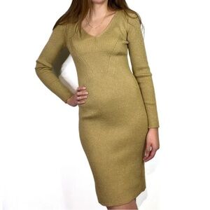 Women's Sage Green Knit Bodycon Dress Size L Long Sleeve V-Neck Knee Length